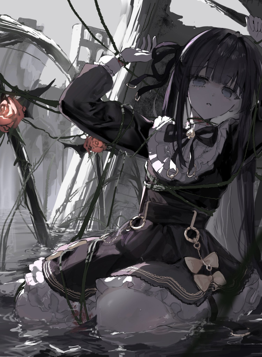 1girl, arcaea, architecture, babbohr, bib_collar, black_dress, black_hair, black_ribbon, blue_eyes, bound, bow_flower, commentary, dress, dress_shirt, flower_clothes, frilled_dress, frilled_skirt, frills, hair_ribbon, highres, in_water, long_hair, long_sleeves, looking_at_viewer, plant, ribbon, ruins, shirt, sitting, skirt, solo, sword, tairitsu_(arcaea), tairitsu_(axium)_(arcaea), tied_up_(nonsexual), vine_on_leg, vines, wariza, weapon