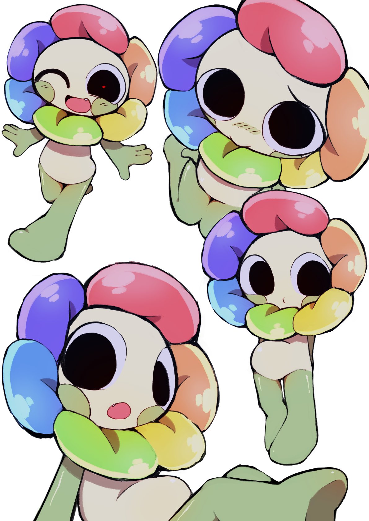 1boy, :d, :o, ;d, arms_at_sides, black_eyes, blue_petals, blush