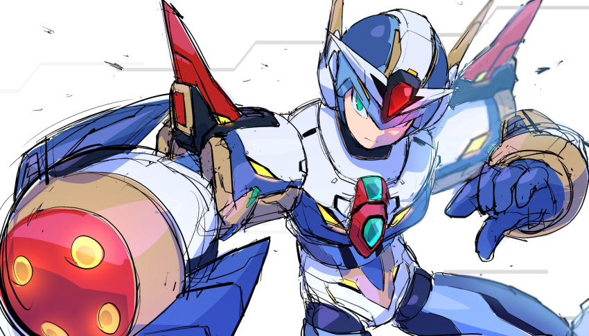 1boy, aiming, aiming_at_viewer, android, arm_cannon, armor, blue_helmet, chest_jewel, commentary_request, cowboy_shot, forehead_jewel, fourth_armor_x_(mega_man), glowing, green_eyes, helmet, highres, lemon_inu, looking_at_viewer, male_focus, mega_man_(series), mega_man_x_(series), one_eye_covered, shoulder_armor, simple_background, weapon, white_armor, white_background, x_(mega_man)