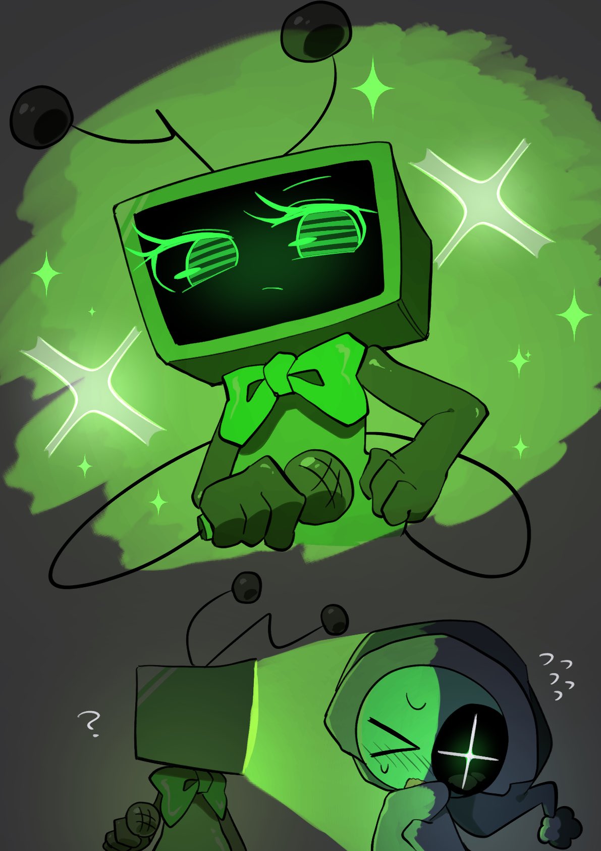 >_<, 1boy, 1girl, :/, ?, astro_(dandy's_world), black_hat, blush