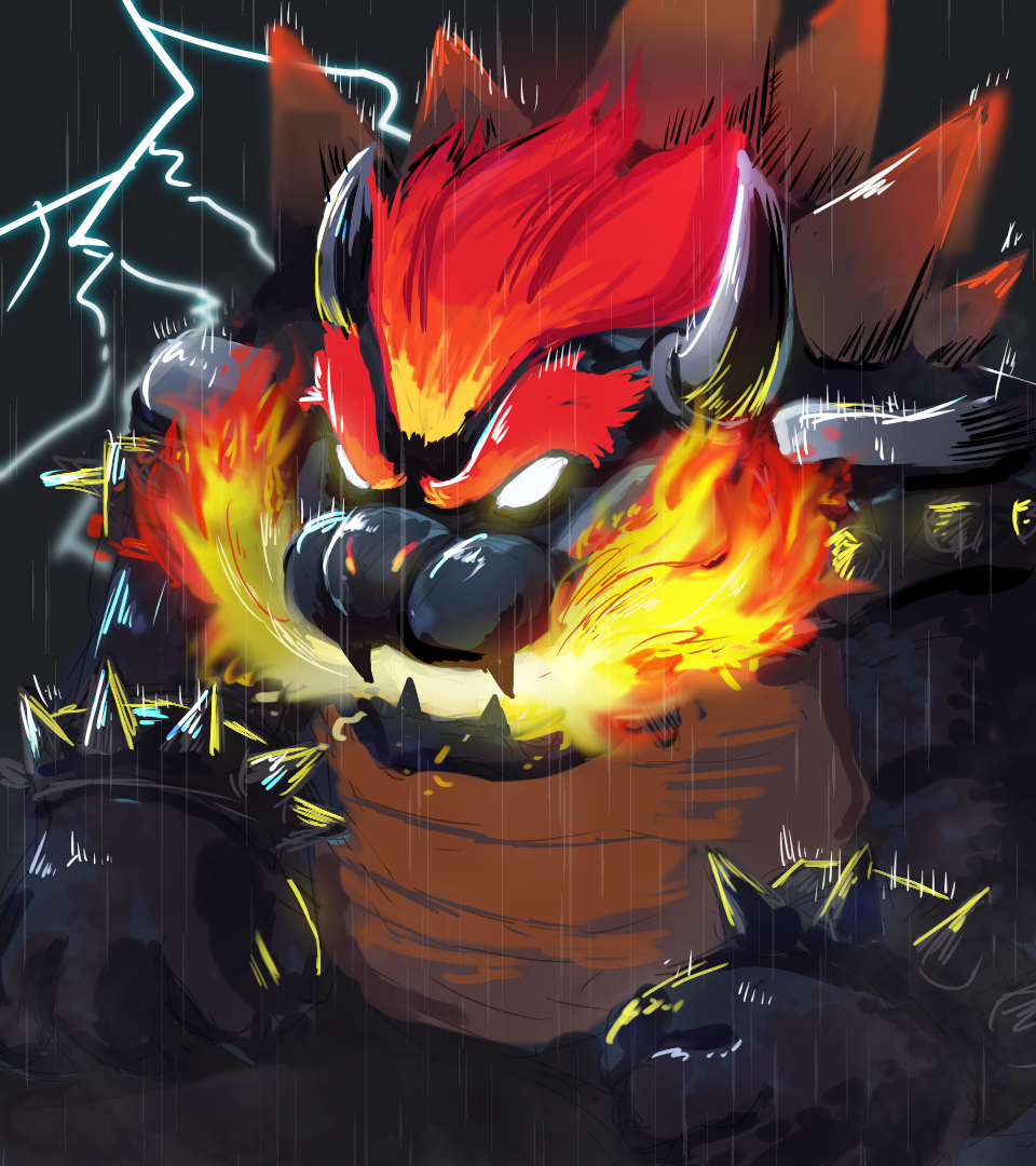1boy, armlet, bowser, bracelet, breath_weapon, breathing_fire, english_commentary, fangs, fire, furry, furry_male, fury_bowser, giant, glowing, glowing_eyes, glowing_hair, hikimango, horns, jewelry, lightning, male_focus, red_hair, spiked_armlet, spiked_bracelet, spiked_shell, spikes, super_mario_3d_world, super_mario_3d_world_+_bowser's_fury, super_mario_bros.