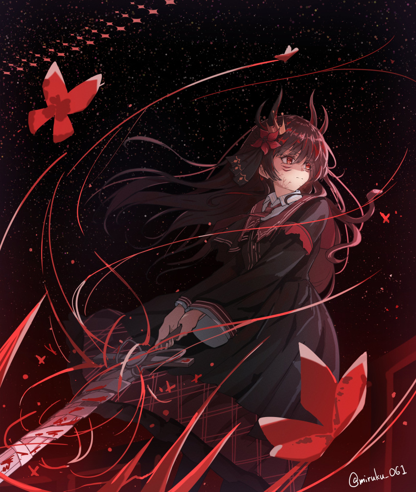 1girl, absurdres, armband, black_hair, black_shirt, black_skirt, bug, butterfly
