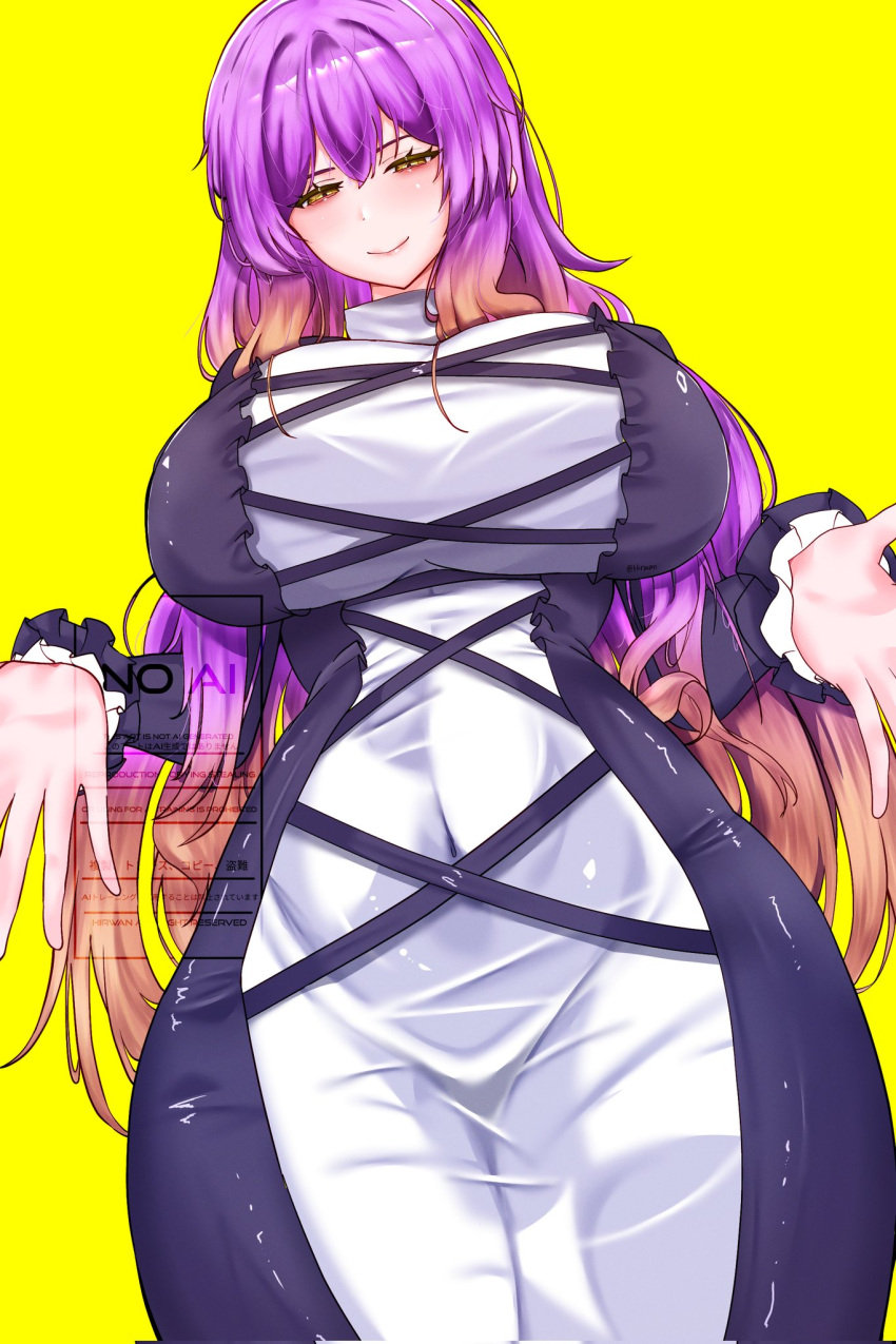1girl, black_dress, breasts, cross-laced_clothes, cross-laced_dress, dress, gradient_hair, highres