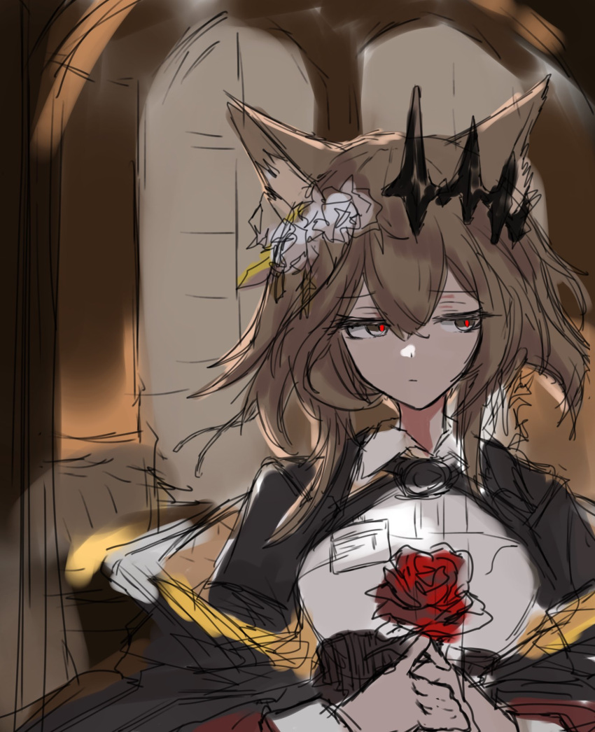1girl, animal_ears, arknights, black_jacket, black_tiara, breasts, brown_eyes, brown_hair