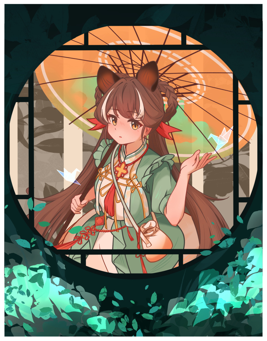 1girl, arknights, blush, braid, brown_hair, commentary_request, dress, green_dress