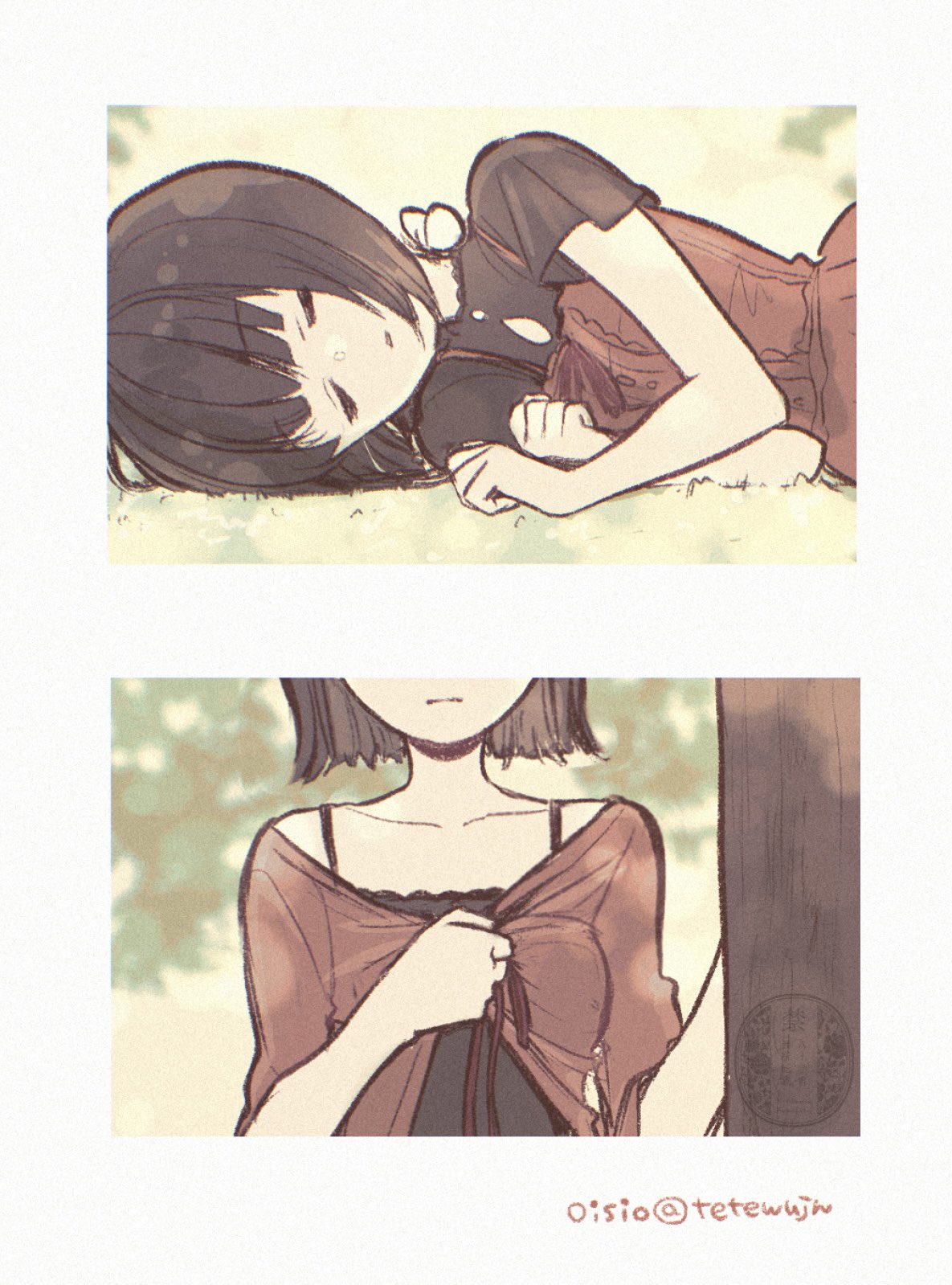 2girls, above-cleavage_cutout, amakura_mayu, amakura_mio, artist_name, black_camisole, black_shirt, blurry