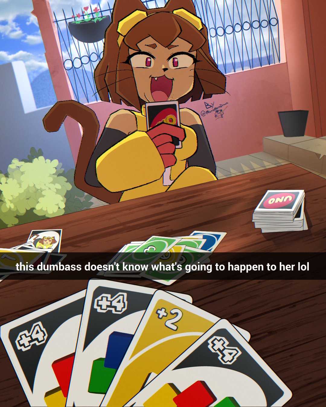 1girl, :3, animal_ears, bare_shoulders, breasts, brown_hair, card, cat_ears, cat_girl, cat_tail, commentary, dark-skinned_female, dark_skin, dress, english_commentary, english_text, fang, fang_out, furry, furry_female, gameoverse, gloves, goggles, goggles_on_head, hair_between_eyes, highres, holding, holding_card, imminent_uno_loss_(meme), kit_bodega, laughing, looking_at_viewer, meme, meromerodraws, open_mouth, outdoors, plant, porch, potted_plant, red_eyes, red_gloves, short_hair, sidelocks, sky, sleeveless, sleeveless_dress, snout, tail, tan, twitter_username, uno_(game), upper_body, whiskers, yellow_dress, yellow_gauntlets