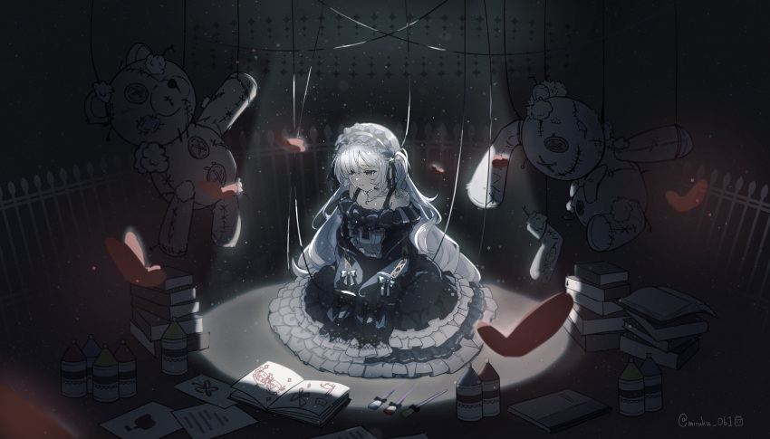 1girl, absurdres, bare_shoulders, blue_hairband, book, bow, bug, butterfly