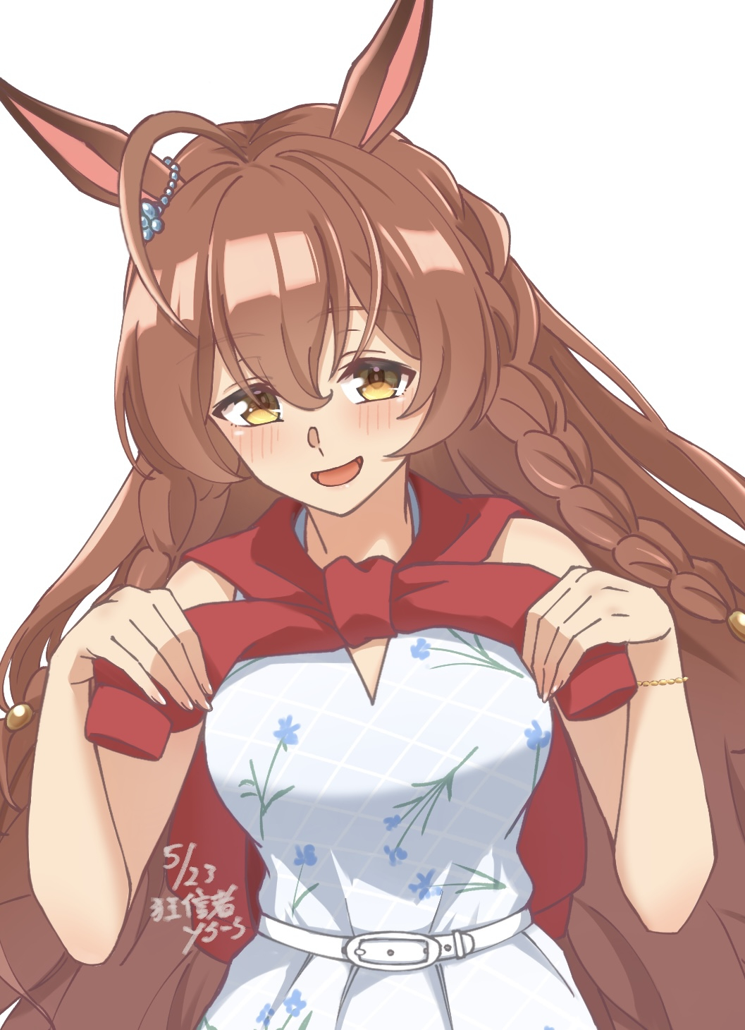 1girl, ahoge, alternate_costume, animal_ears, braid, brown_hair, character_request, commentary_request