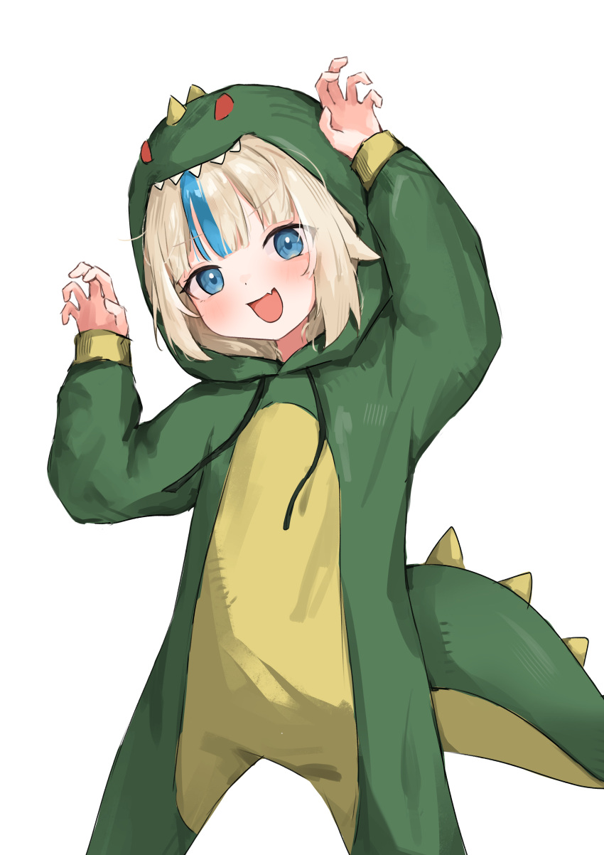1girl, :d, absurdres, alternate_costume, animal_hood, arms_up, blonde_hair, blue_eyes, blue_streaks, blunt_bangs, blush, claw_pose, commentary, cowboy_shot, dinosaur, dinosaur_costume, dinosaur_tail, dot_nose, drawstring, english_commentary, fang, flat_chest, g_da, head_tilt, highres, hood, hood_up, indie_virtual_youtuber, long_sleeves, looking_at_viewer, medium_hair, multi-source_commentary, multicolored_hair, onesie, open_mouth, sameko_saba, sidelocks, simple_background, skin_fang, smile, solo, spiked_tail, standing, streaked_hair, tail, thick_tail, v-shaped_eyebrows, virtual_youtuber, white_background, white_streaks