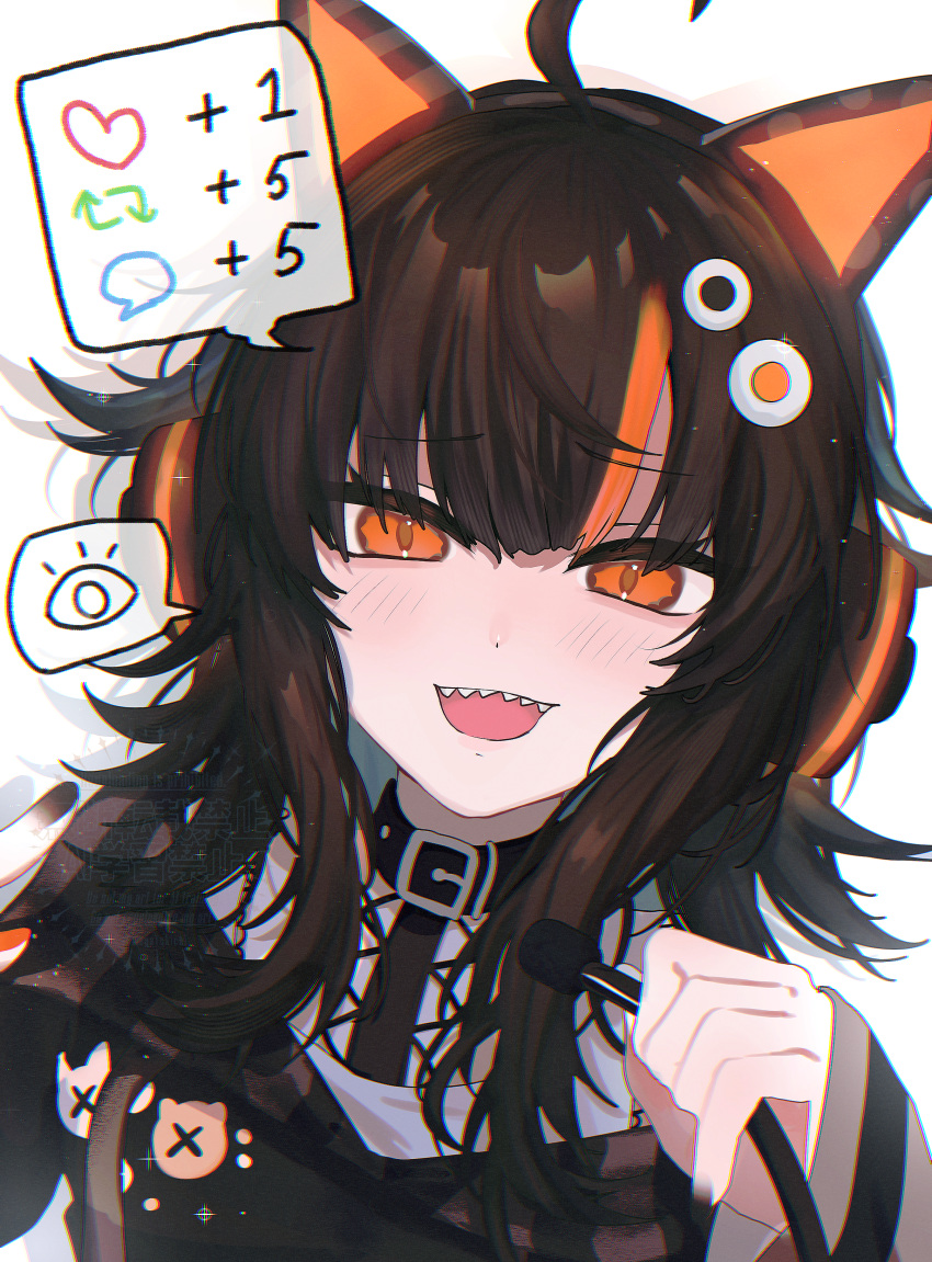 1girl, absurdres, ahoge, animal_ear_headphones, animal_ears, black_choker, black_hair, black_sweater, cat_ear_headphones, cat_ears, choker, fake_animal_ears, headphones, heart, highres, like_and_retweet, looking_at_viewer, mahou_shoujo_no_majo_saiban, multicolored_hair, off-shoulder_sweater, off_shoulder, omegayukichi, open_mouth, orange_eyes, orange_streaks, sawatari_coco, sharp_teeth, simple_background, solo, speech_bubble, streaked_hair, sweater, teeth, white_background