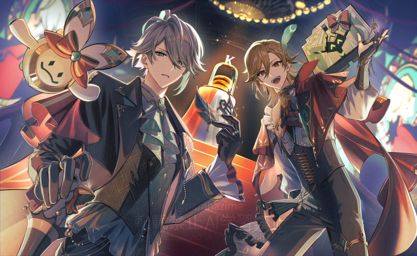 2boys, absurdres, alhaitham_(genshin_impact), alhaitham_(kfc)_(genshin_impact), aqua_eyes, aranara_(genshin_impact), ascot, black_gloves