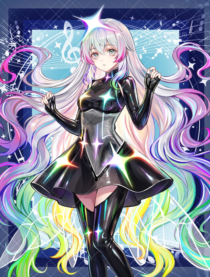 1girl, atsuhito_1868, black_dress, black_thighhighs, blue_eyes, chunithm, commentary_request, dress