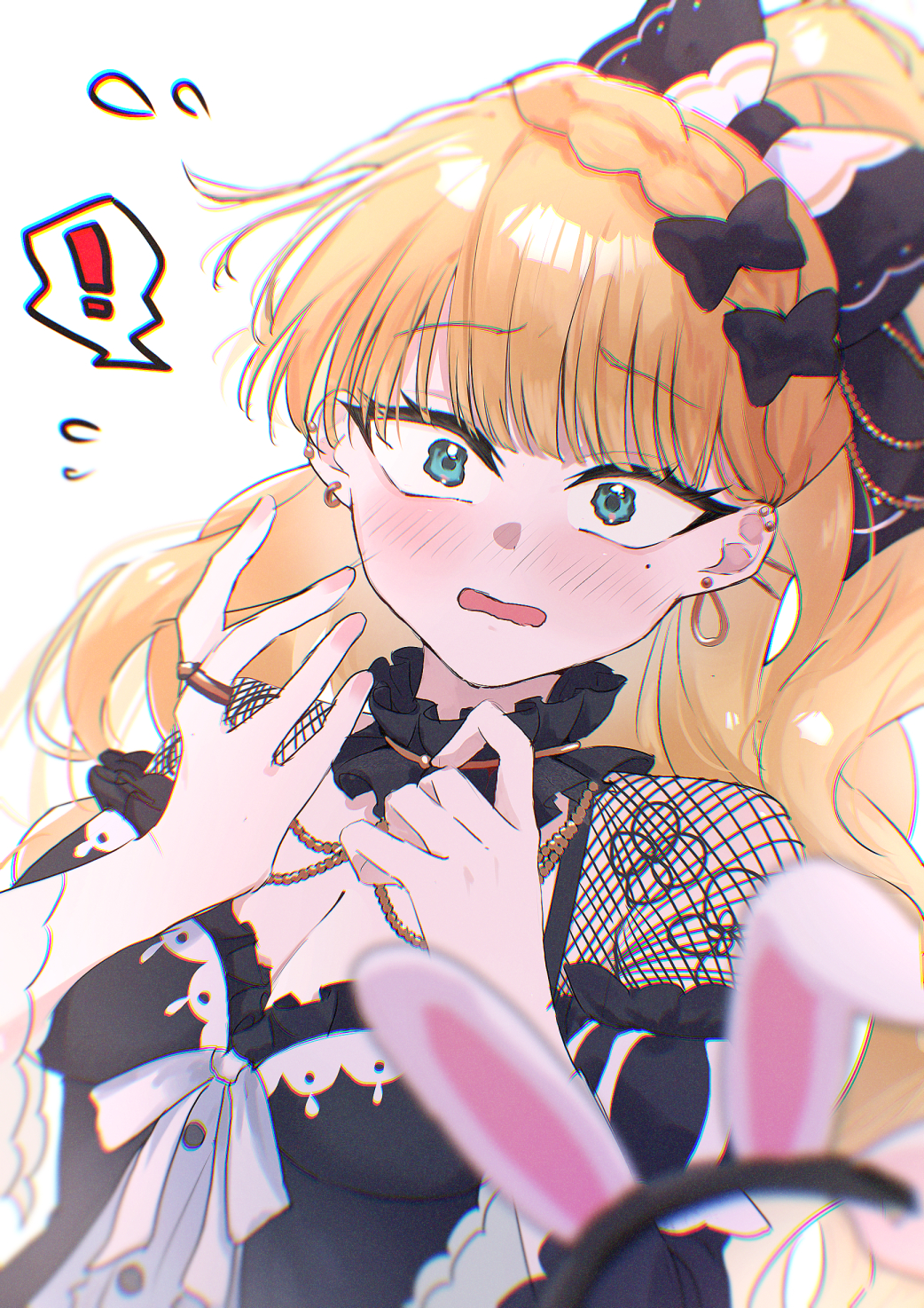 animal_ear_hairband, animal_ears, black_choker, black_dress, blonde_hair, blue_eyes, blush, bow