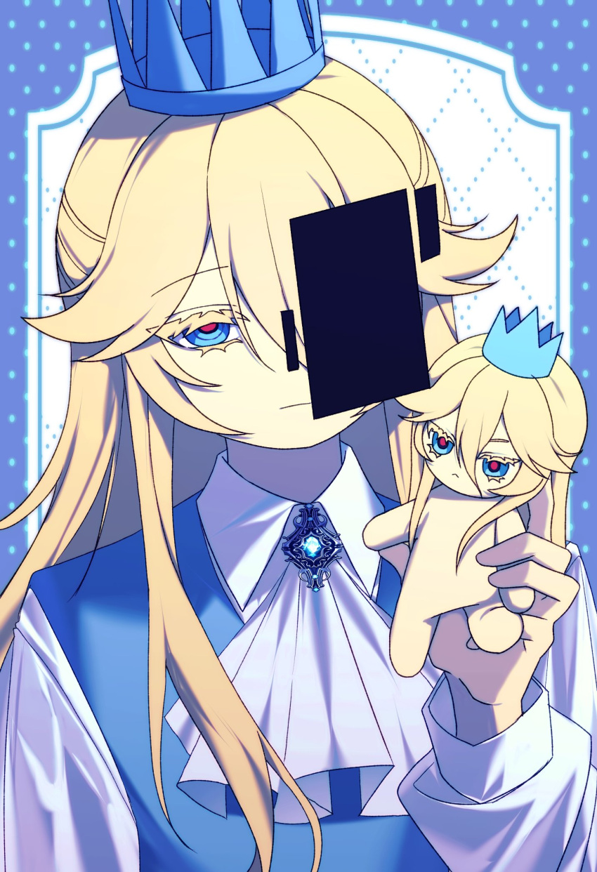 1boy, :<, bar_censor, blonde_hair, blue_crown, blue_eyes, censored, character_doll