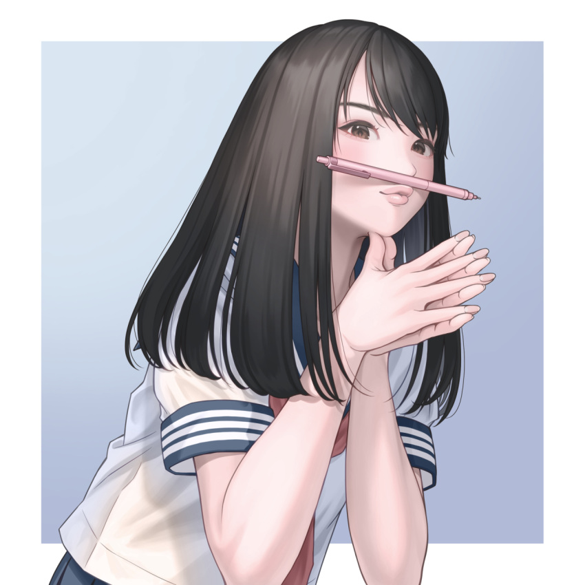 1girl, black_hair, border, brown_eyes, commentary, gradient_background, guitaristkaz, hair_flowing_over, highres, lips, long_hair, looking_at_viewer, mechanical_pencil, neckerchief, original, outside_border, own_hands_together, pencil, pencil_as_mustache, puckered_lips, purple_background, red_neckerchief, school_uniform, serafuku, shirt, short_sleeves, solo, swept_bangs, white_border, white_shirt