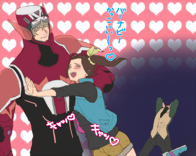 age_difference, barnaby_brooks_jr, blonde_hair, bow, braid, brown_hair, closed_eyes, despair, eyes_closed, father_and_daughter, hair_bow, hair_ornament, hairclip, heart, hug, kaburagi_kaede, kaburagi_t_kotetsu, male, multiple_boys, necktie, power_armor, power_suit, sevenven, shorts, side_ponytail, striped, striped_legwear, superhero, thigh-highs, thighhighs, tiger_&amp;_bunny, vest, waistcoat
