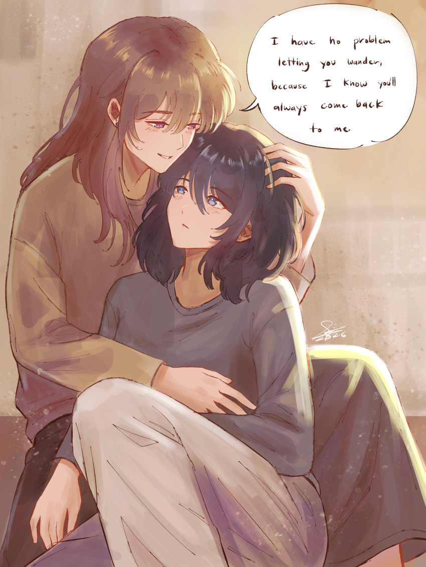 2girls, absurdres, black_hair, black_pants, blue_eyes, bright_pupils, brown_hair, brown_sweater