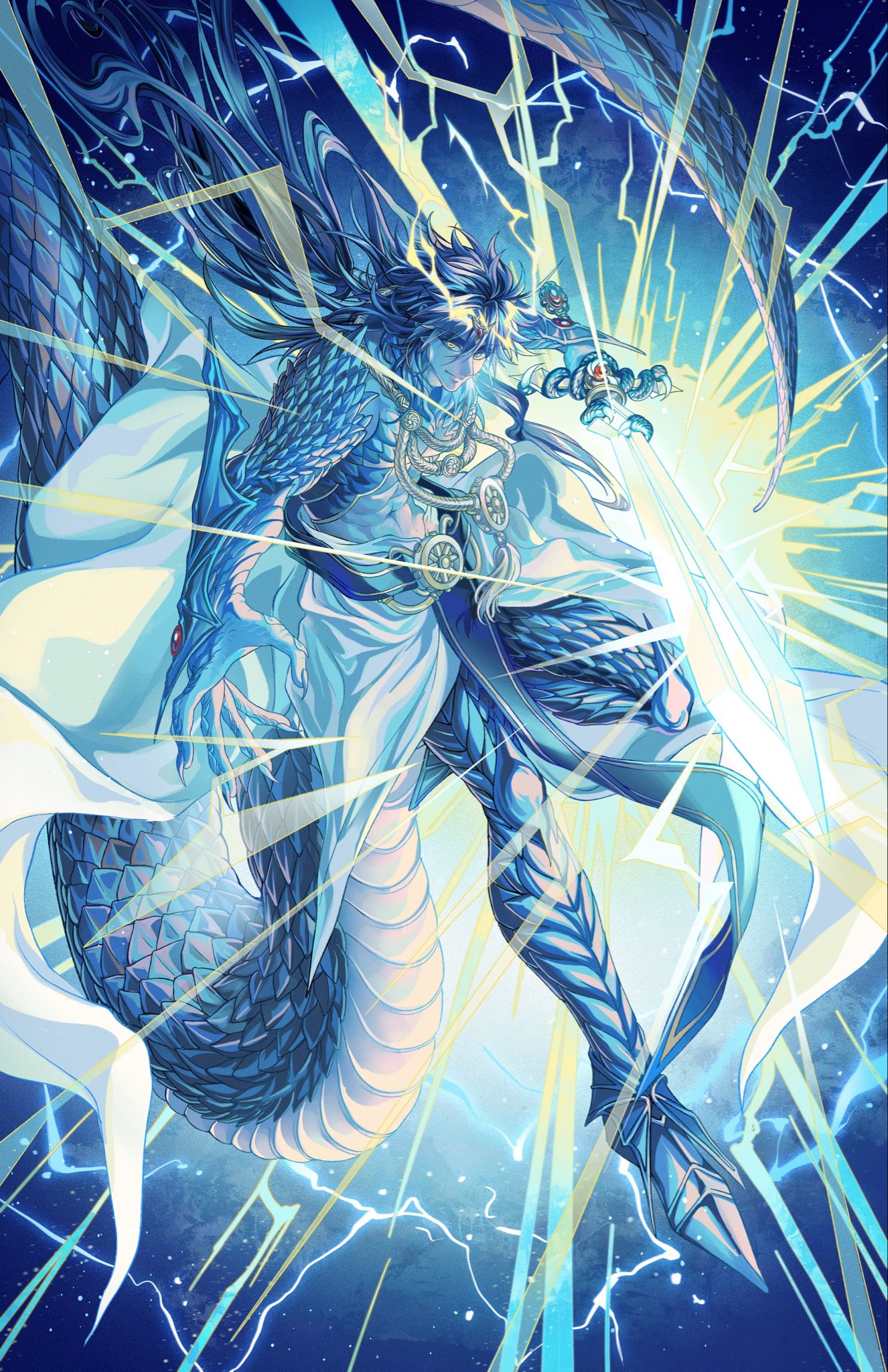 1boy, armor, blue_hair, blue_skin, boin_burin, bracer, colored_skin, djinn_equip
