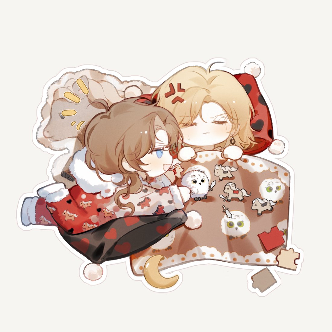 2girls, aged_down, anger_vein, augustus_(path_to_nowhere), blanket, brown_hair, chibi, closed_eyes