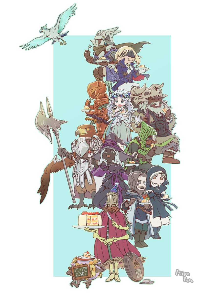 4girls, 6+boys, :t, animal_head, anniversary, armor, ascot, bird