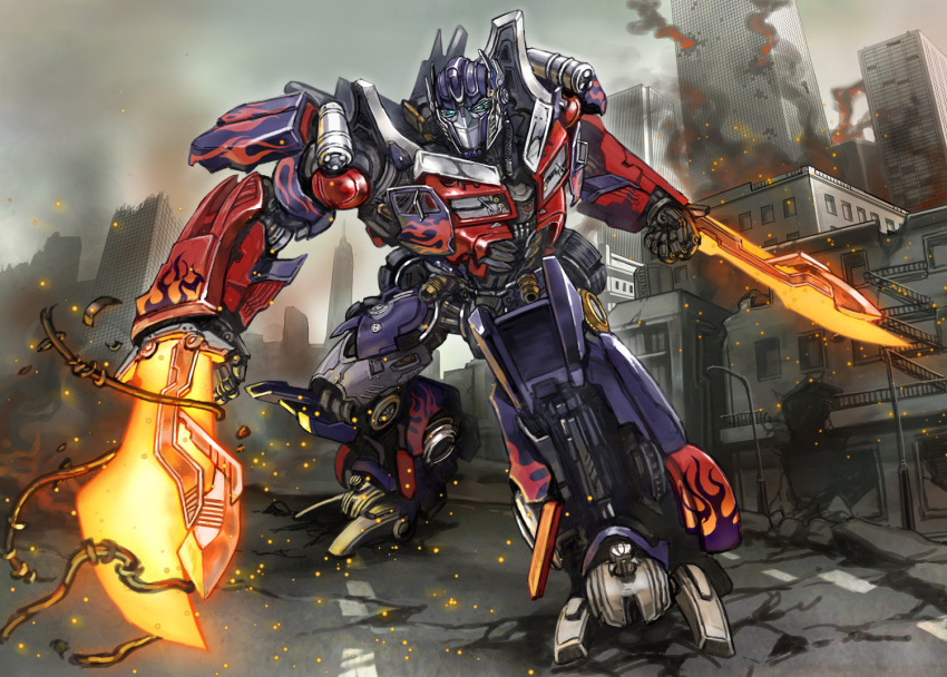 autobot, battlefield, blades, blue_eyes, building, city, damaged, destruction