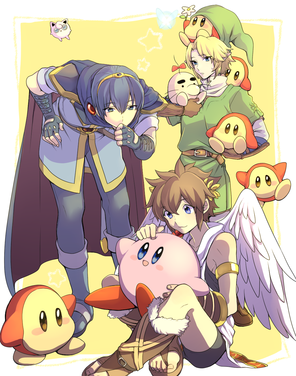 blue_eyes, blue_hair, brown_hair, cape, doseisan, fire_emblem, fire_emblem:_mystery_of_the_emblem, gloves, hat, highres, jigglypuff, kid_icarus, kirby, kirby_(series), kudou_akira, link, marth, mother_(game), nintendo, niwatorisann, pit, pit_(kid_icarus), pointy_ears, pokemon, smile, super_smash_bros., the_legend_of_zelda, tiara, twilight_princess, waddle_dee, wings