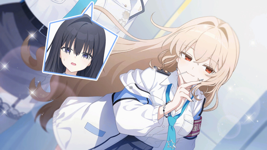 2girls, aqua_necktie, armband, artist_request, black_hair, black_skirt, blonde_hair, bracelet