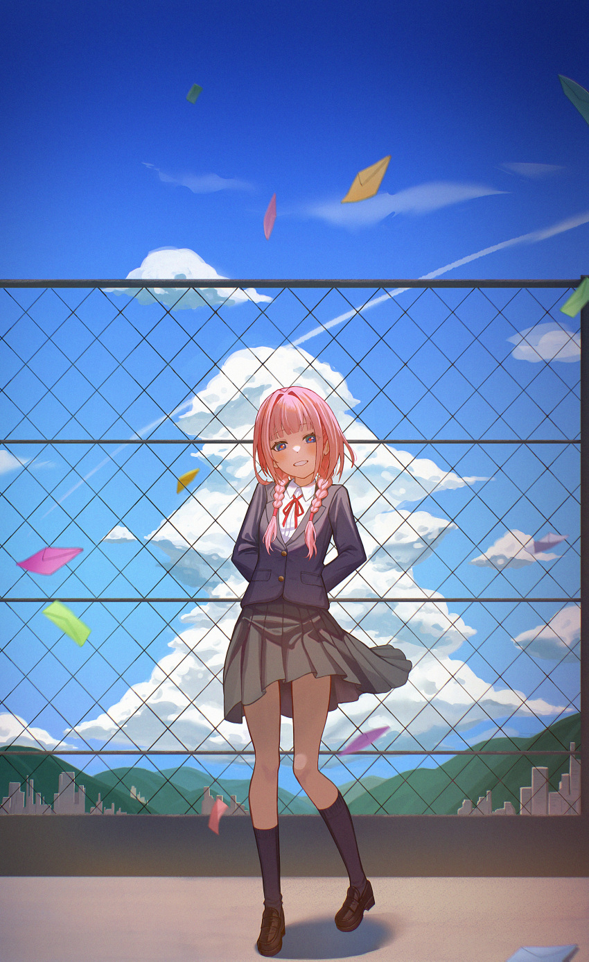 1girl, absurdres, arms_behind_back, binnn_ze, blue_eyes, blue_jacket, blue_sky, blue_socks