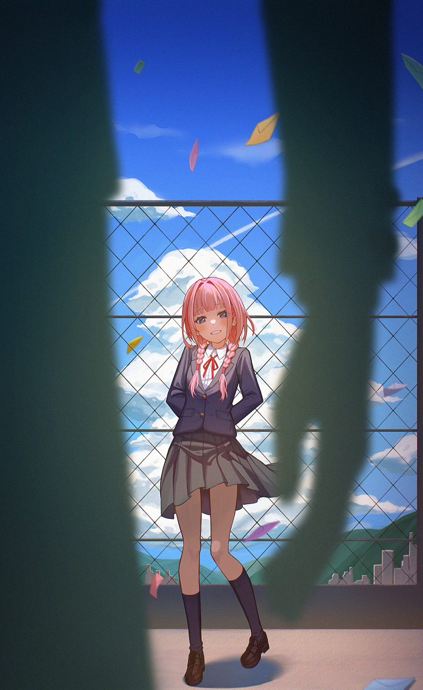 1girl, absurdres, arms_behind_back, binnn_ze, blue_eyes, blue_jacket, blue_sky, blue_socks