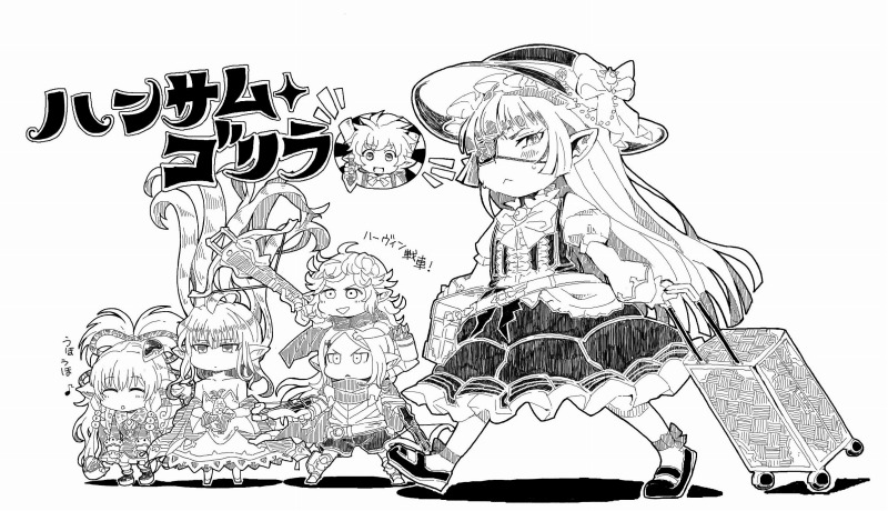 6+girls, carrying, closed_eyes, commentary_request, crossbow, dress, eyepatch, full_body