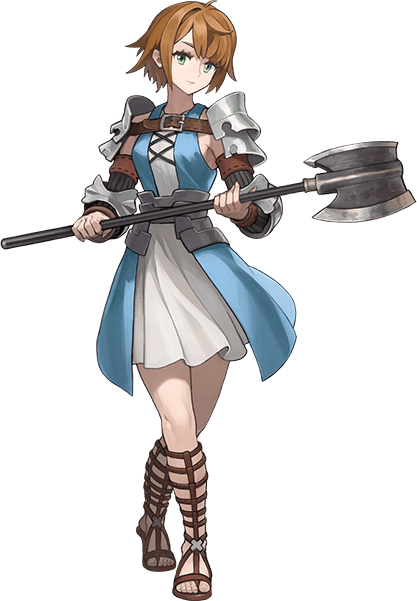 1girl, arm_guards, armor, axe, brown_hair, chest_belt, detached_sleeves, dress