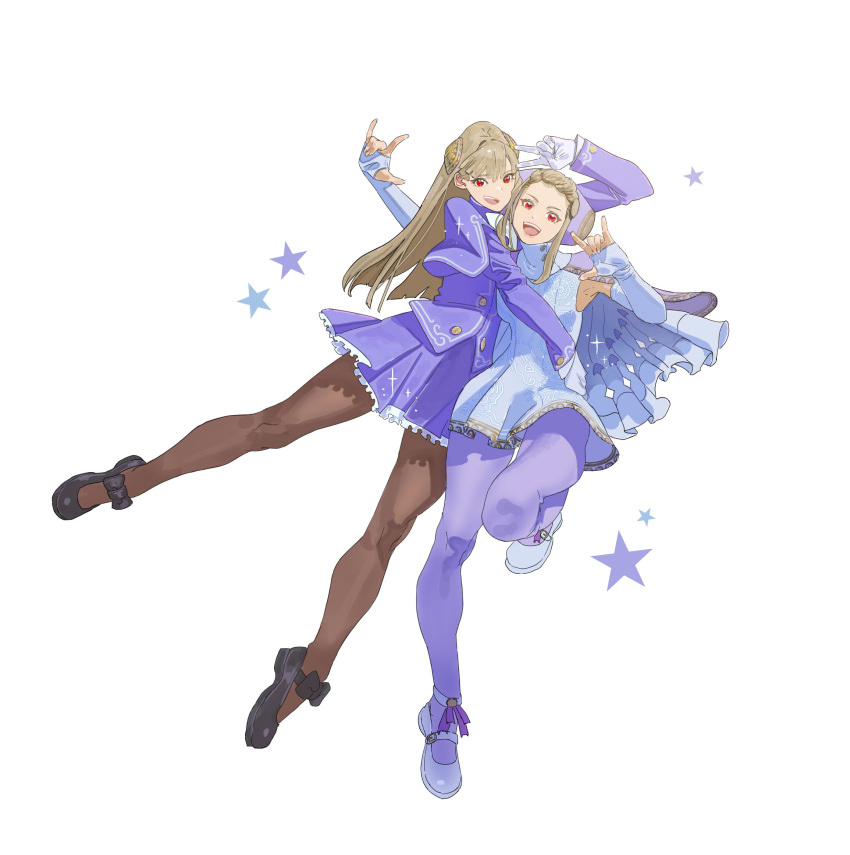 2girls, \m/, arm_up, armpits, arms_up, black_shoes, blonde_hair, blue_pantyhose, brown_pantyhose, capcom_fighting_jam, capelet, commentary_request, double_\m/, dress, dual_persona, elbow_gloves, escoffion, fingerless_gloves, frilled_skirt, frills, full_body, gloves, hairpods, highres, ingrid_(capcom), long_hair, long_sleeves, looking_at_viewer, mary_janes, multiple_girls, open_mouth, pantyhose, purple_capelet, purple_pantyhose, purple_skirt, red_eyes, shoes, skirt, sleeveless, sleeveless_dress, smile, sora-bakabon, street_fighter, street_fighter_6, teeth, upper_teeth_only, v, white_background, white_dress, white_gloves, white_shoes