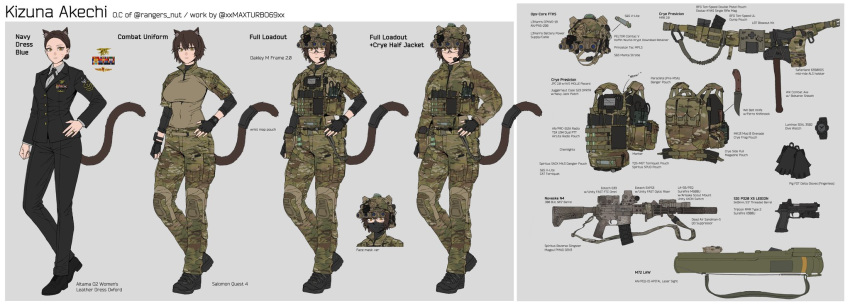 1girl, animal_ears, assault_rifle, black_gloves, black_pants, breasts, brown_hair, bulletproof_vest