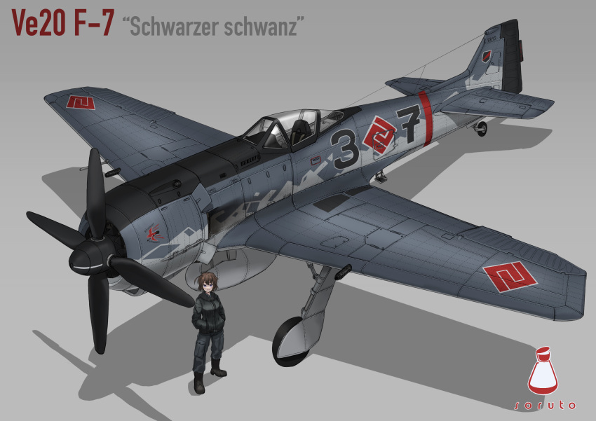 1girl, absurdres, aircraft, airplane, brown_hair, commentary_request, fw_190, grey_background