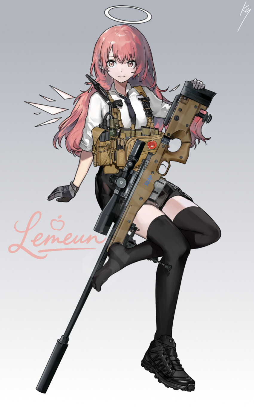 1girl, ai_arctic_warfare, arknights, black_necktie, black_thighhighs, bolt_action, gloves, grey_background, grey_gloves, gun, halo, highres, holding, holding_gun, holding_weapon, is-8_shi_zhong_zhan_che, lemuen_(arknights), long_hair, military, military_combat_uniform, military_uniform, necktie, pink_eyes, pink_hair, rifle, scope, shirt, simple_background, sniper_rifle, solo, tactical_clothes, thigh-highs, weapon, white_background, white_shirt, wings