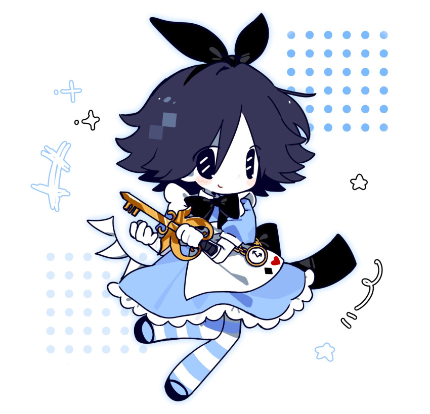 1other, alice's_adventures_in_wonderland, alice_(alice_in_wonderland), alice_(alice_in_wonderland)_(cosplay), apron, black_bow, black_eyes, black_hair, blue_dress, blue_thighhighs, bow, closed_mouth, cosplay, dress, enos20091019, forsaken_(roblox), full_body, hair_bow, highres, looking_at_viewer, puffy_short_sleeves, puffy_sleeves, roblox, short_hair, short_sleeves, smile, solo, striped_clothes, striped_thighhighs, thigh-highs, two_time_(forsaken), white_apron