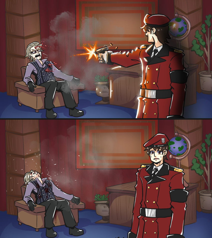 2boys, armchair, blonde_hair, blood, brown_hair, bullet_wound, chair, coat