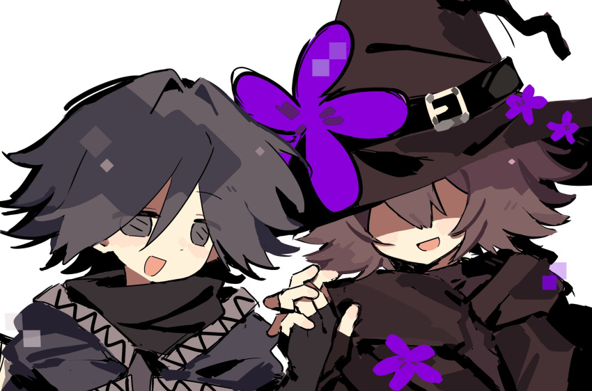 1boy, 1other, azure_(forsaken), black_eyes, black_hair, black_scarf, brown_hat, brown_robe