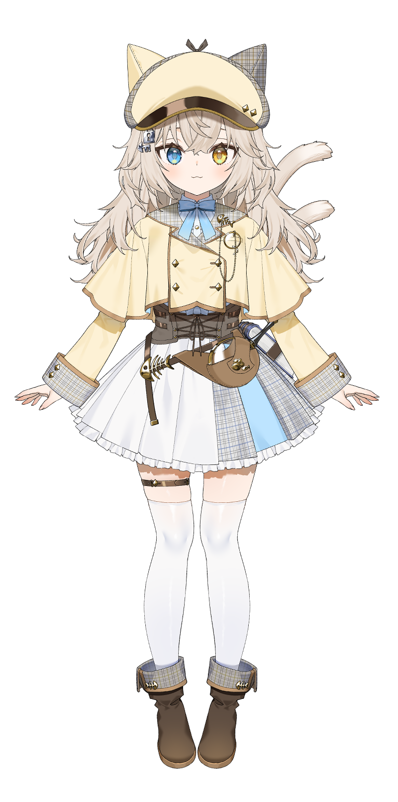 1girl, :3, animal_ear_headwear, animal_ears, blonde_hair, blue_eyes, blush, brown_shoes, capelet, cat_ears, cat_tail, closed_mouth, fingernails, frilled_skirt, frills, full_body, hat, highres, itohana, lock_hair_ornament, long_hair, looking_at_viewer, monica_melodia, official_art, shoes, simple_background, skirt, sleeve_cuffs, solo, standing, tachi-e, tail, thigh-highs, thigh_strap, transparent_background, varium, virtual_youtuber, white_skirt, white_thighhighs, yellow_capelet, yellow_eyes, yellow_hat