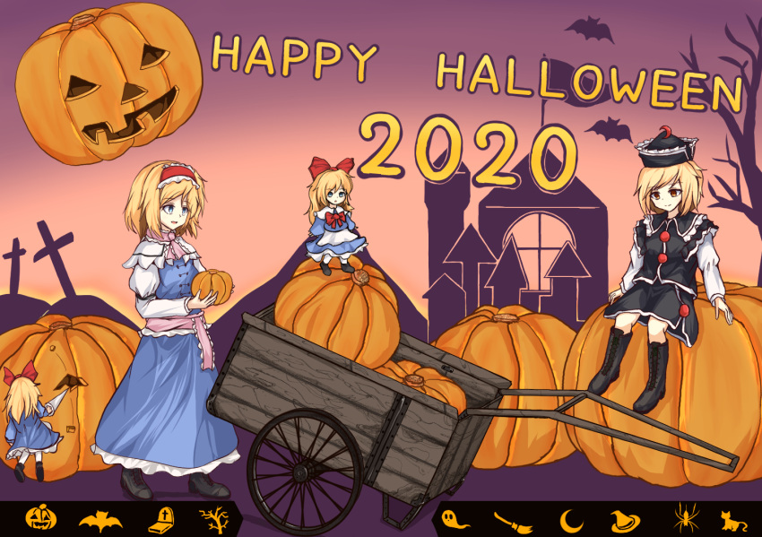 4girls, alice_margatroid, animal_print, apron, bare_tree, bat_(animal), bat_print, black_boots