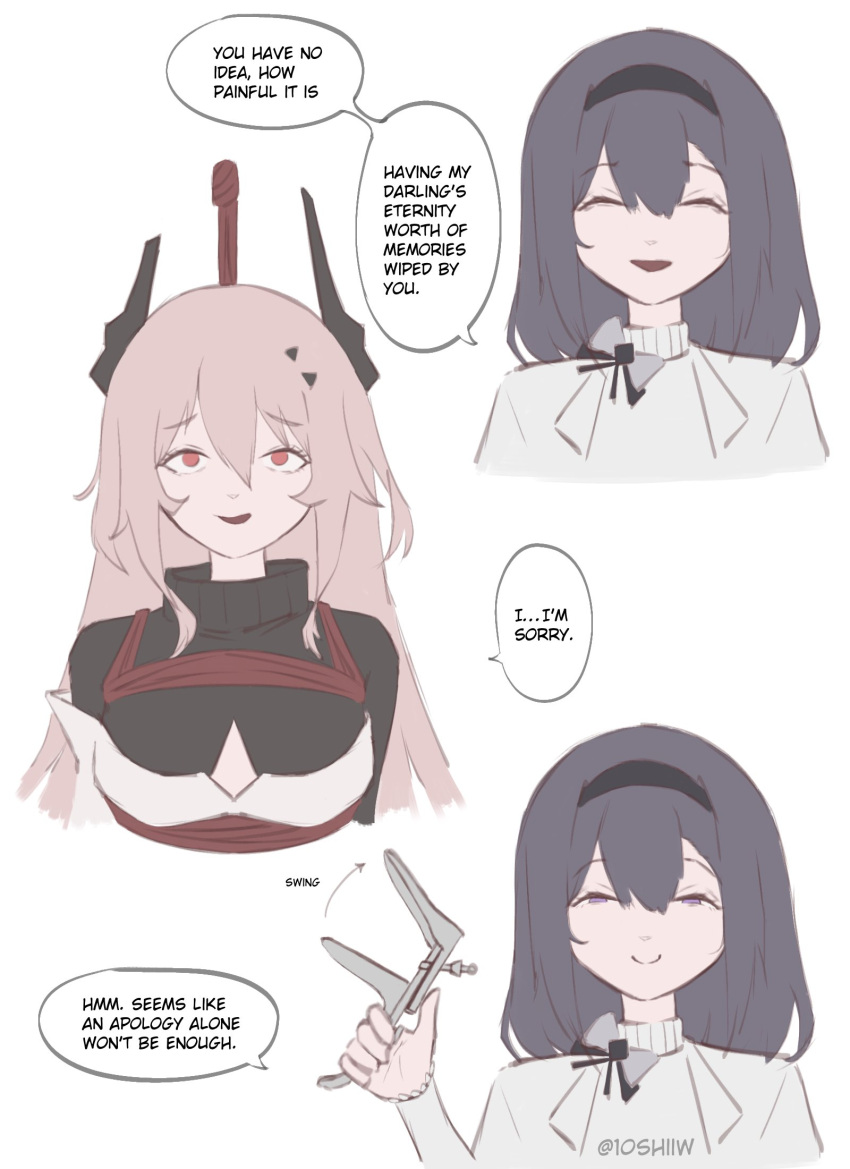10_shii, 2girls, arknights, bdsm, black_hair, bondage, bound, commentary