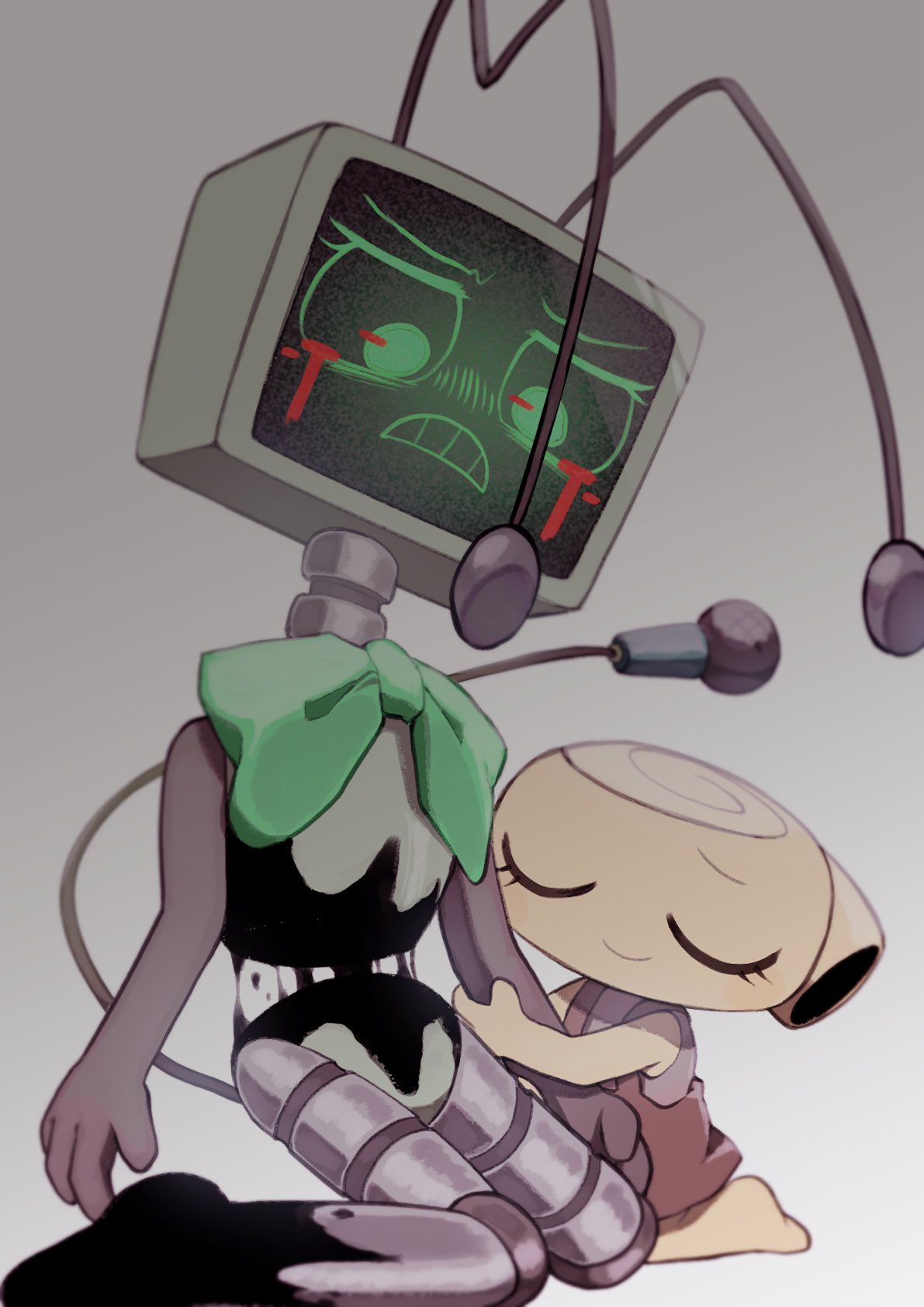 2girls, arm_hug, arms_at_sides, bare_arms, bare_legs, bare_shoulders, barefoot, blood, blood_from_eyes, bow, bowtie, brown_dress, brown_shirt, clenched_teeth, closed_eyes, closed_mouth, commentary, crying, crying_with_eyes_open, dandy's_world, dress, fewer_digits, film_grain, full_body, furrowed_brow, green_bow, green_bowtie, green_eyes, grey_background, grid_teeth, height_difference, highres, humanoid_robot, k2s2kv, kneeling, knees_together_feet_apart, liquid, looking_at_another, looking_down, mechanical_arms, mechanical_neck, multiple_girls, no_nose, object_head, radio_antenna, raised_inner_eyebrows, roblox, robot, shell, shelly_(dandy's_world), shirt, short_dress, simple_background, single_eyebrow, sitting, sleeveless, sleeveless_dress, sleeveless_shirt, smile, tall_female, tears, teeth, television, traditional_bowtie, twisted_vee_(dandy's_world), u_u, untranslatable_commentary, v-shaped_eyebrows, vee_(dandy's_world)