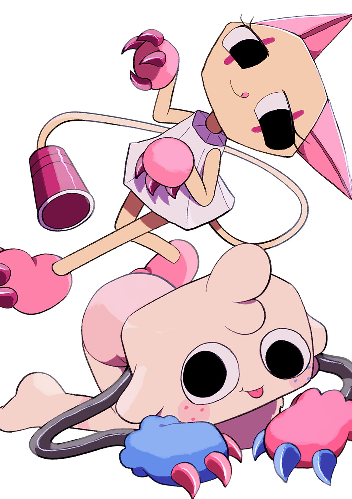 1boy, 1girl, :q, all_fours, animal_ears, asymmetrical_eyes, bare_arms, bare_legs, bare_shoulders, black_eyes, body_fur, brother_and_sister, cat_ears, cat_girl, claws, closed_mouth, colored_skin, commentary, cup, dandy's_world, dress, fewer_digits, freckles, full_body, furry, furry_female, furry_male, goob_(dandy's_world), highres, k2s2kv, long_arms, no_eyebrows, no_nose, no_pupils, paw_pose, roblox, scar_across_eyes, scraps_(dandy's_world), short_dress, siblings, sideways, sideways_glance, sleeveless, sleeveless_dress, standing, standing_on_one_leg, tongue, tongue_out, untranslatable_commentary, white_dress, yellow_fur, yellow_skin, yellow_tail