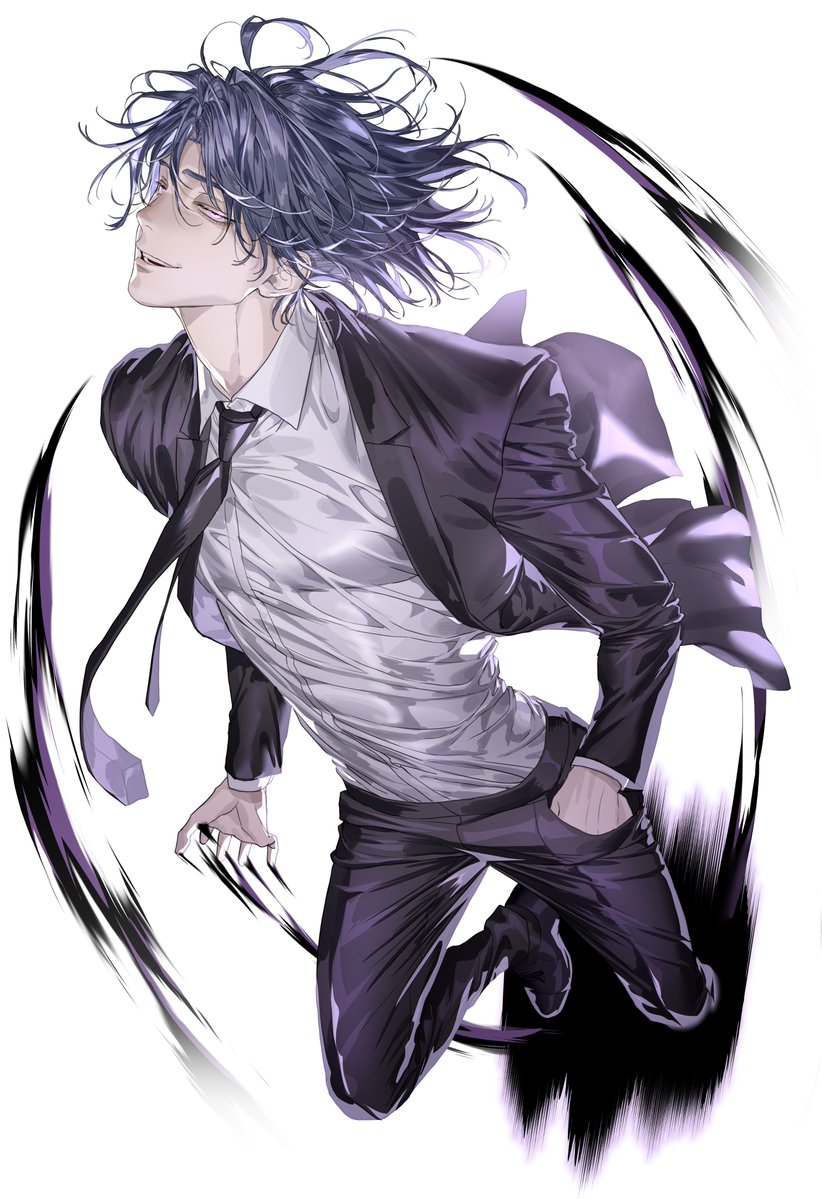 1boy, black_hair, black_jacket, black_necktie, black_pants, black_shoes, black_suit, chamuring