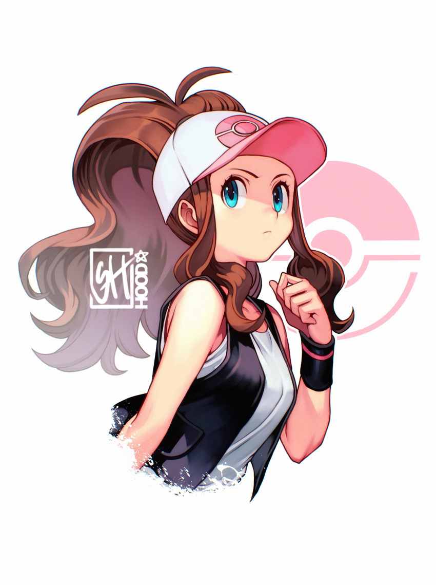 1girl, baseball_cap, black_vest, blue_eyes, brown_hair, closed_mouth, commentary, english_commentary
