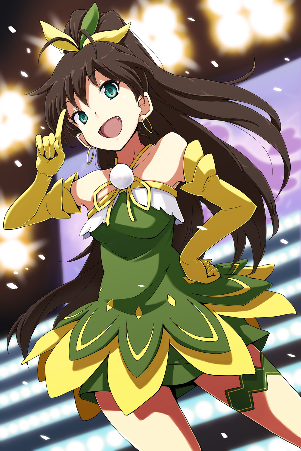 aqua_eyes, bare_shoulders, brown_hair, confetti, dress, earrings, elbow_gloves, fang