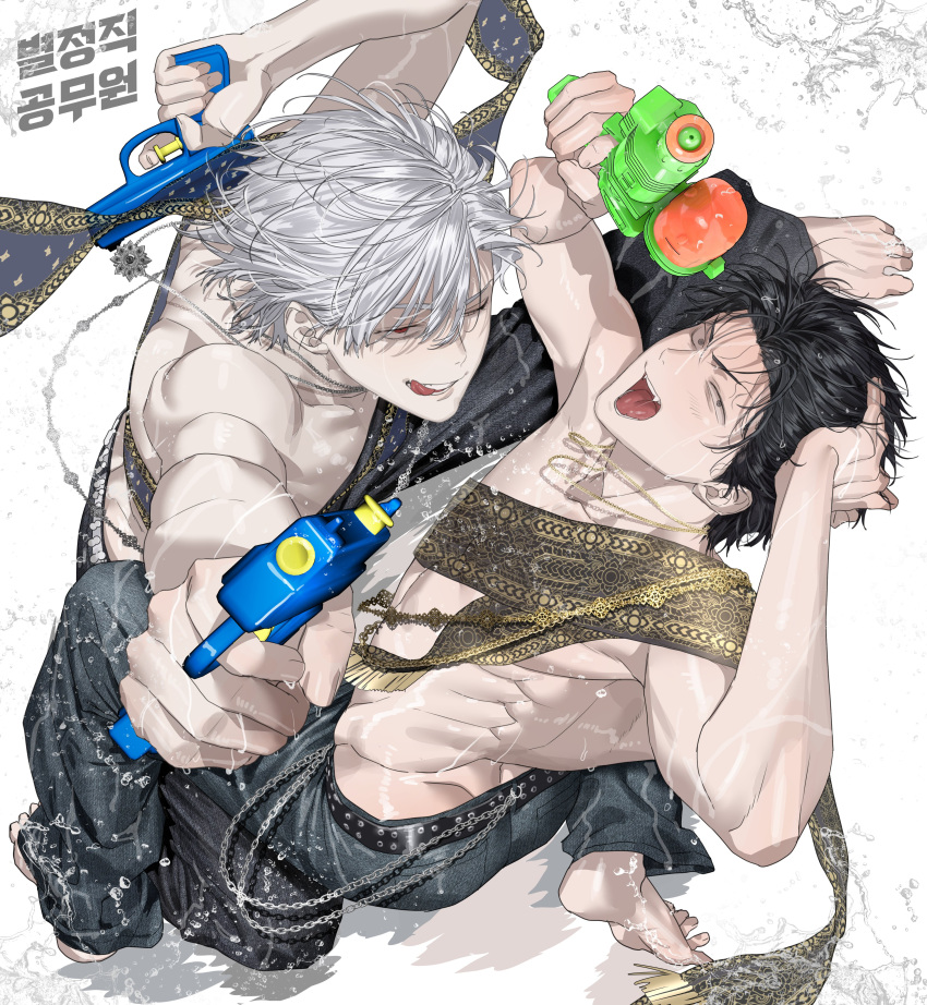 2boys, absurdres, barefoot, belt, black_belt, black_hair, chamuring, commentary