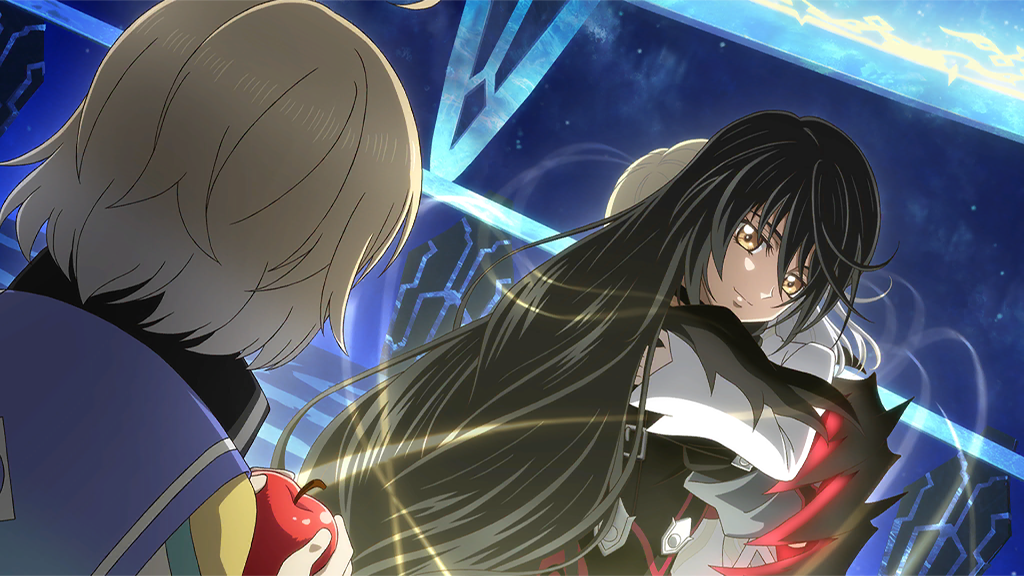 1girl, 2boys, apple, artist_request, black_choker, black_collar, black_hair, blonde_hair