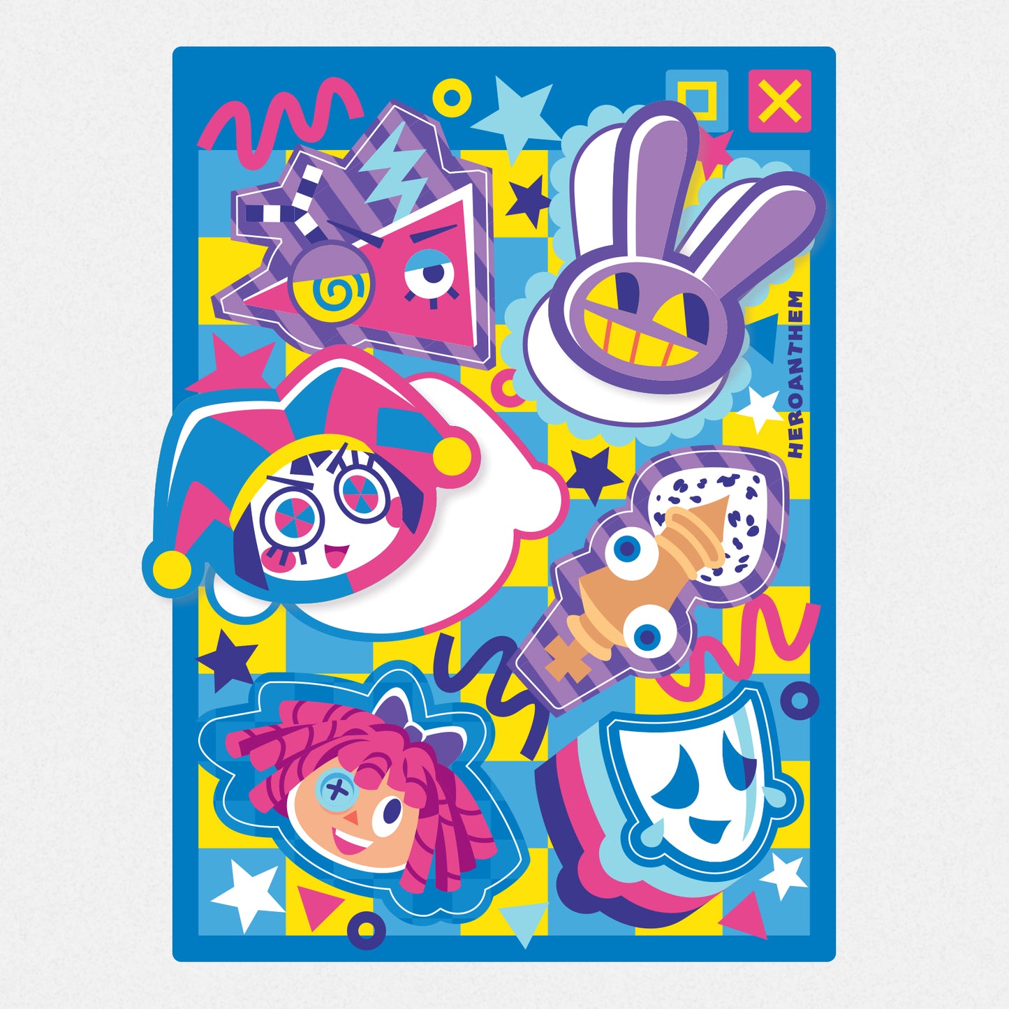 2boys, 3girls, artist_name, asymmetrical_eyes, asymmetrical_legs, button_eyes, buttons, checkered_background, chess_piece, colored_teeth, colorful, comedy_and_tragedy_masks, detached_eyes, gangle_(the_amazing_digital_circus), head_only, heroanthem, highres, jax_(the_amazing_digital_circus), jester, jester_costume, king_(chess), kinger_(the_amazing_digital_circus), multiple_boys, multiple_girls, pomni_(the_amazing_digital_circus), rabbit_boy, ragatha_(the_amazing_digital_circus), the_amazing_digital_circus, triangle_nose, window_(computing), yellow_teeth, zooble_(the_amazing_digital_circus)